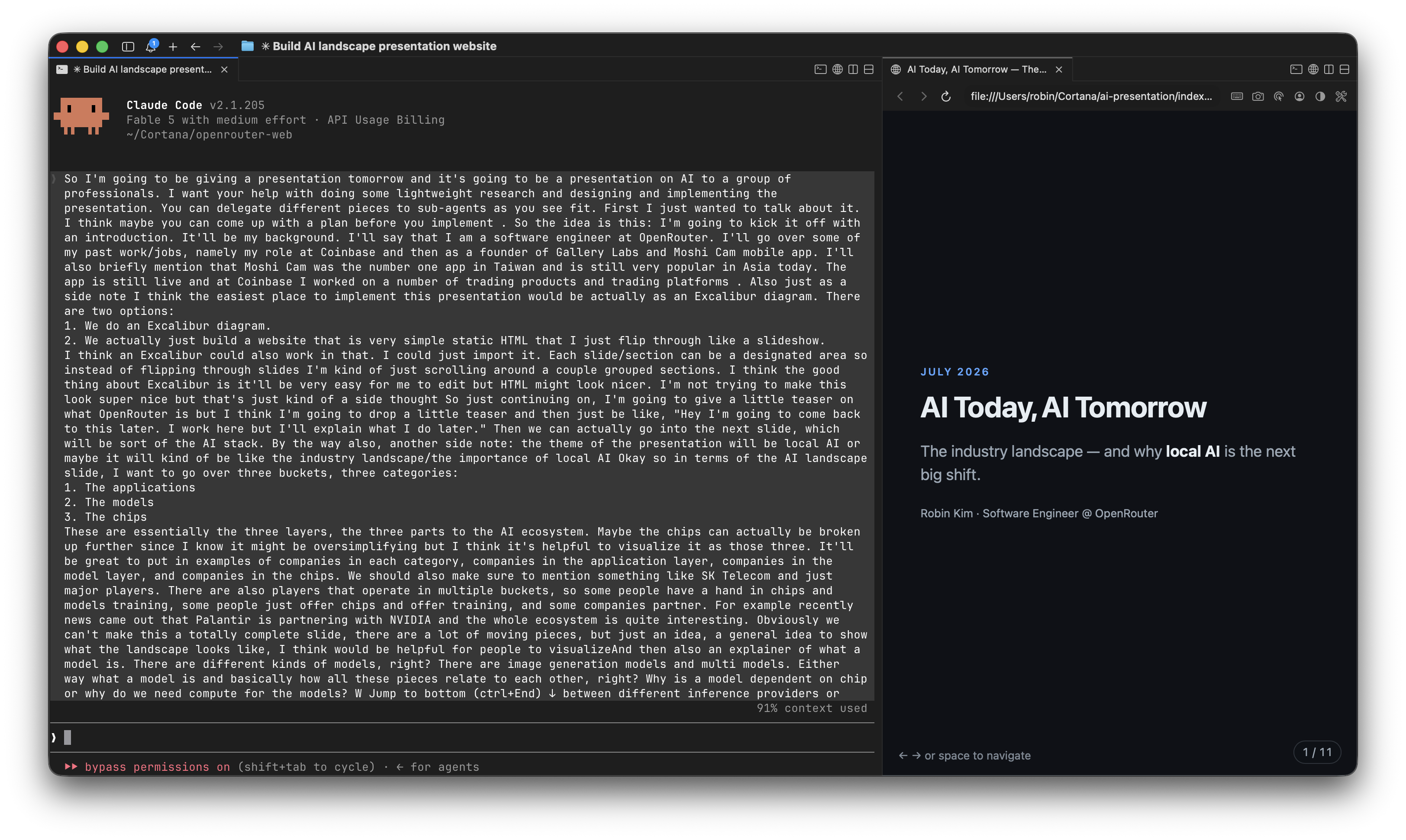 Screenshot of Claude Code building this presentation, with the live slide preview open alongside it